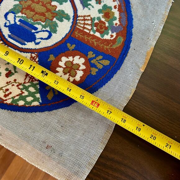 Vintage Round Floral Basket & Urn Needlepoint in Blue, Rust, & Ivory – Unframed - Picture 7 of 9